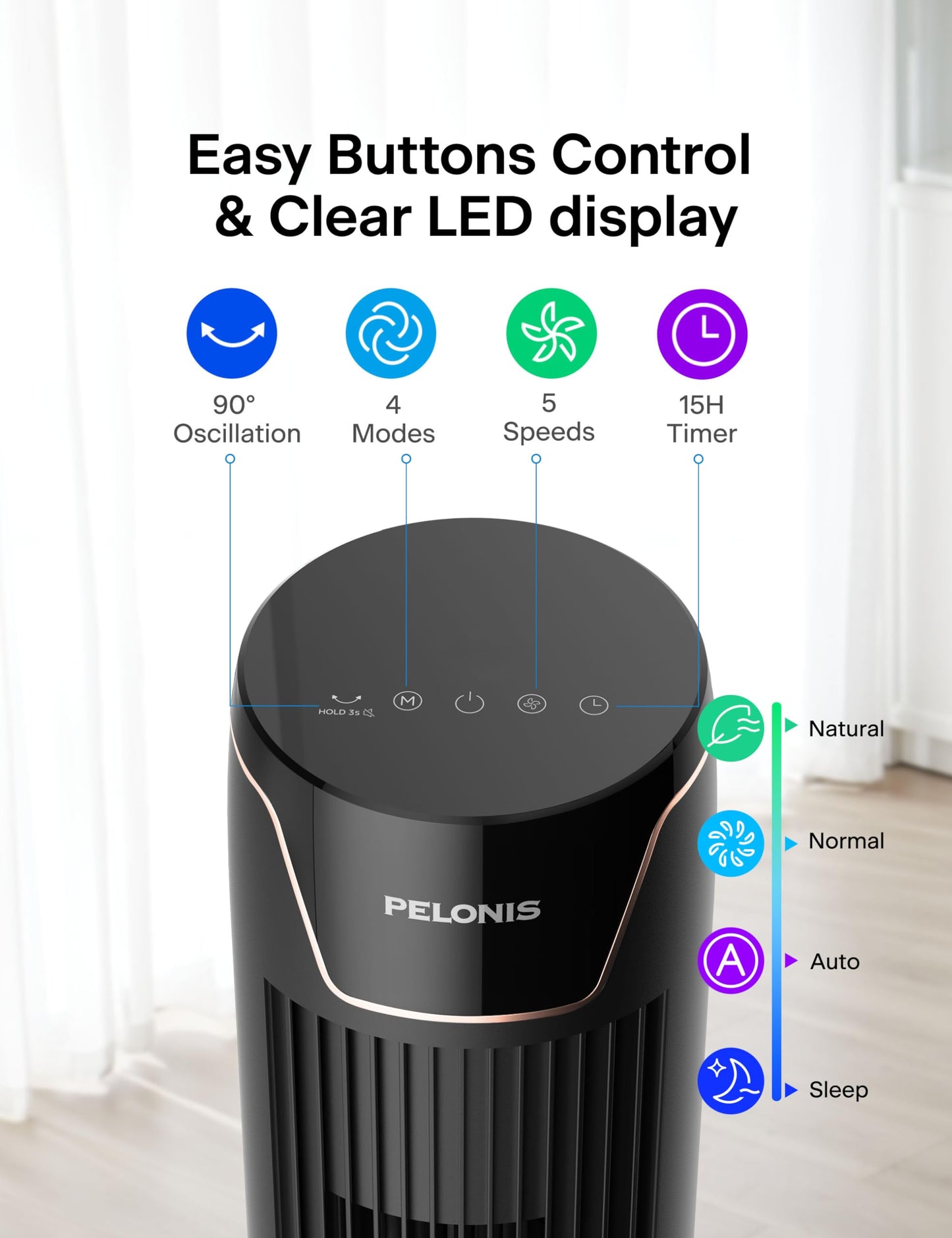 PELONIS Tower Fan with Remote Control - 5 Speed Levels & 4 Modes (AI/Night/Natural Wind) 9H Timer, LED Display with Memory Function - Energy Saving Fan for Office Bedroom - PE-FZ10-25MR-DE