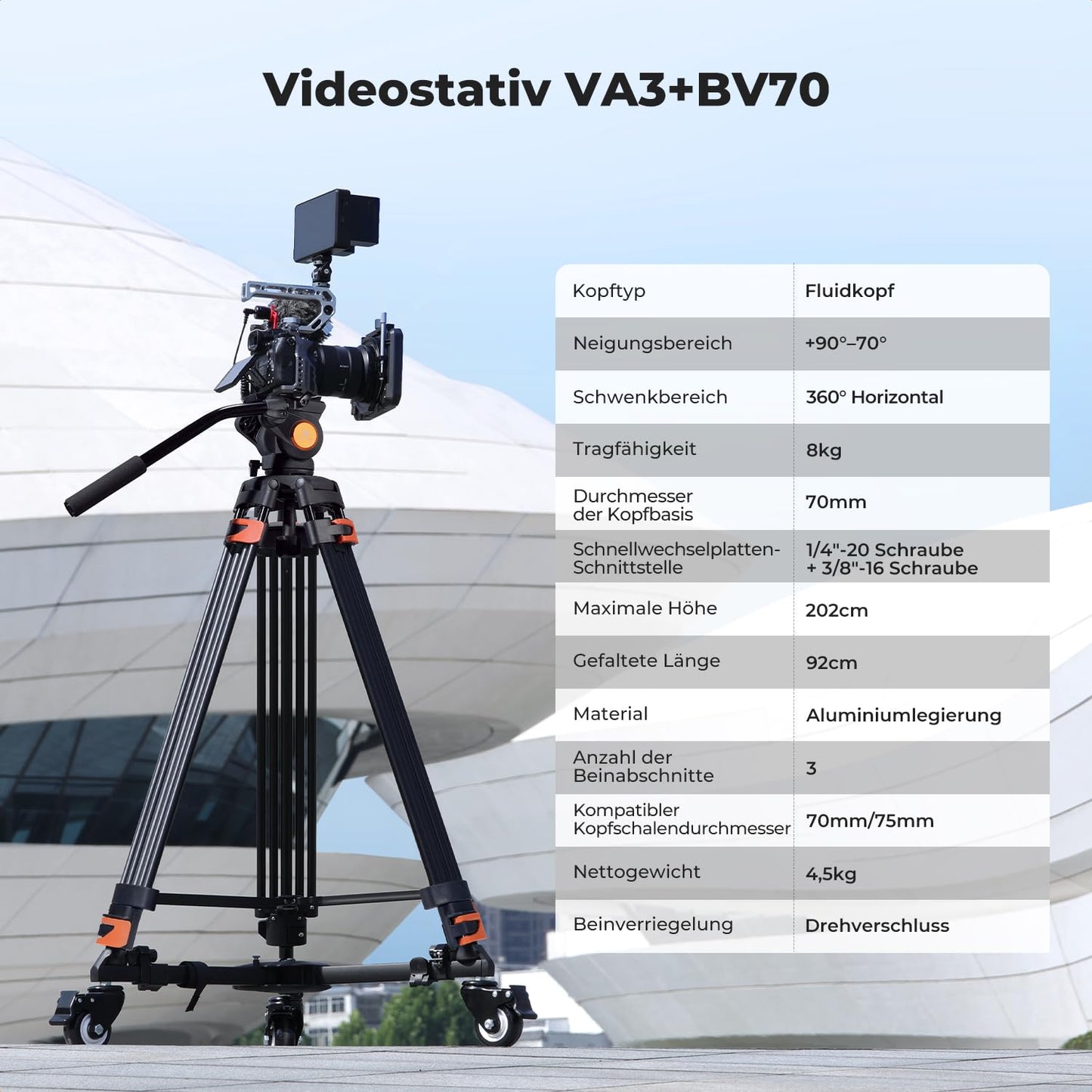 K&F CONCEPT Black-Orange Aluminum 202cm Video Tripod, Heavy Duty Tripod with Fluid Head and Quick Release Plate, Camera Tripod for DSLR, Camcorders, Cameras, Load Capacity 8kg - VA3+BV70