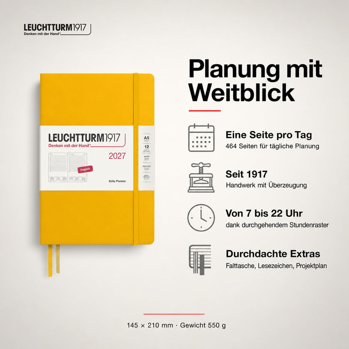 LEUCHTTURM1917 Daily Calendar 2027 Medium (A5) - English, Sunflower, 145 x 210 mm, January-December (12 months), 1 page per day, hourly grid 7:00-22:00, hardcover, 80 g/m² paper - 400327