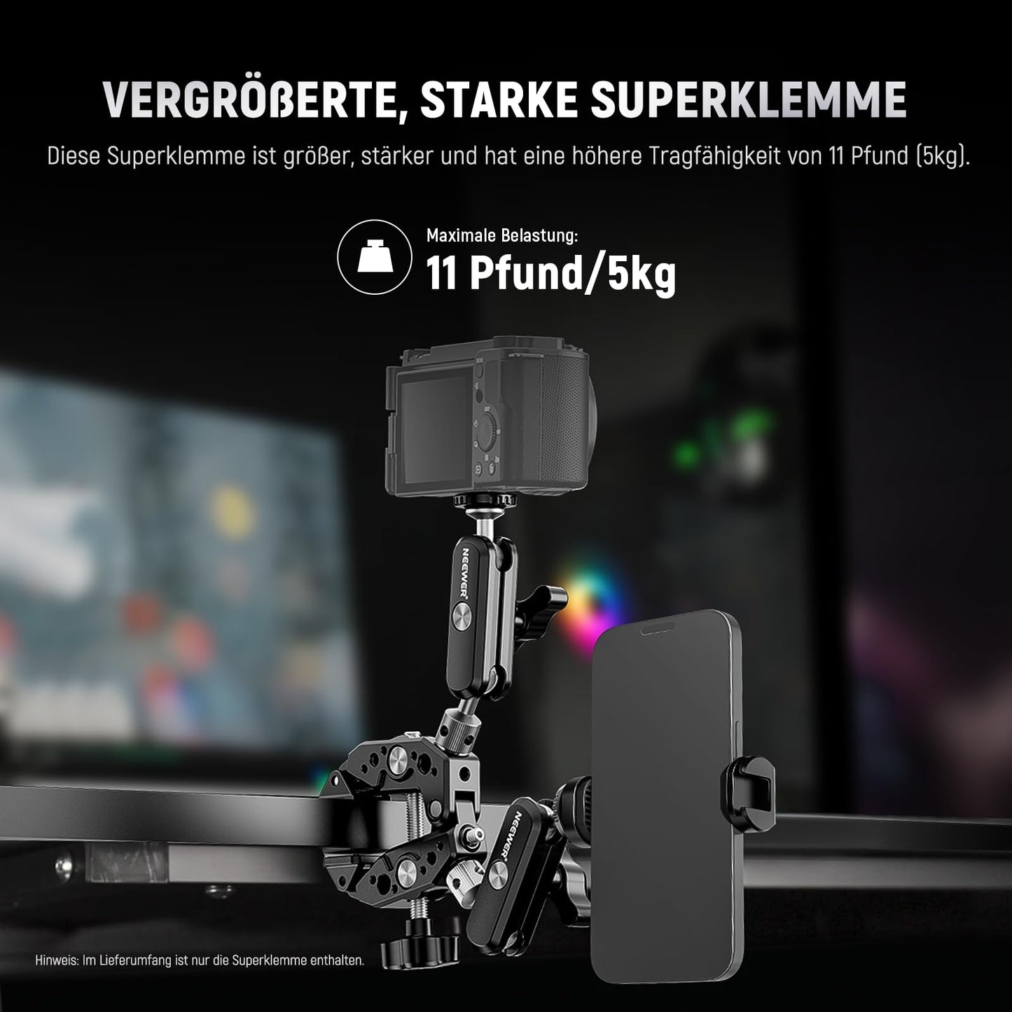 NEEWER Heavy Duty Super Clamp with Two 360° Double Ball Head Magic Arms 1/4" 3/8" Screw Thread Mobile Phone/Action Camera Mount Adapter Compatible with GoPro DJI Insta360 DSLR - 10106893
