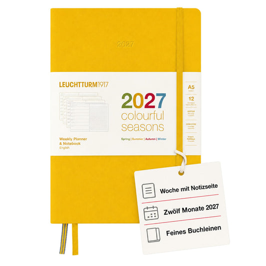 LEUCHTTURM1917 Weekly Calendar & Notebook Dotted Medium (A5) 2027, Colorful SeasonsYellow, English, Hardcover, Calendar Overview 2026/2027/2028, Planning Overview 01.27-12.28, Project Planner, Folding Pocket - 400369
