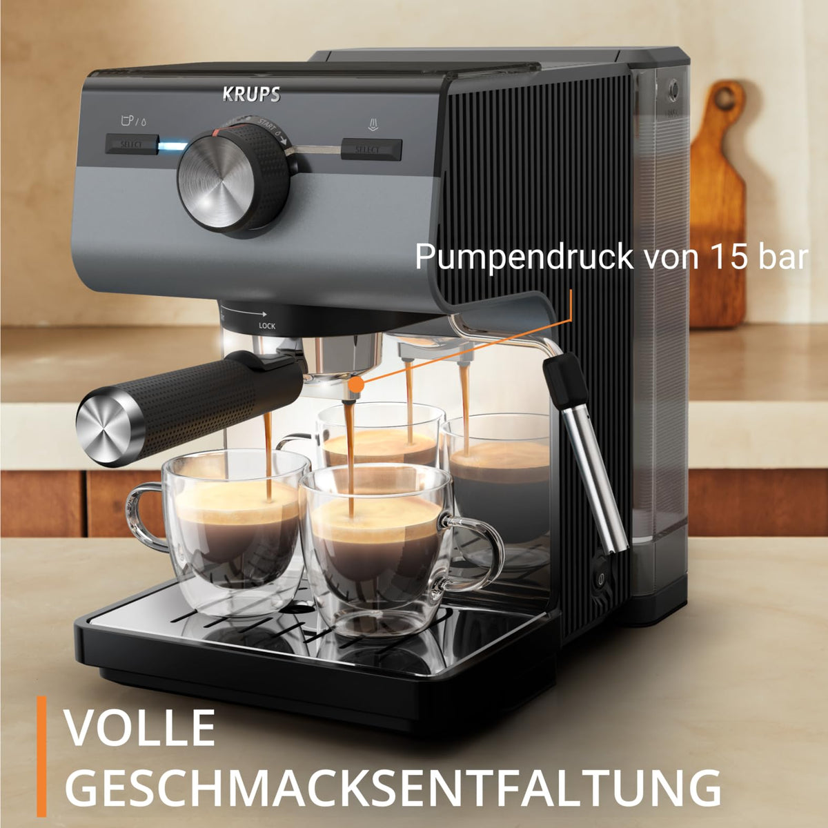 Krups Authentic+ Espresso Machine, 15 bar, intuitive operation, refined design, steam nozzle, including extensive accessories, Bullet Dark Silver/Stainless Steel, XP384G10