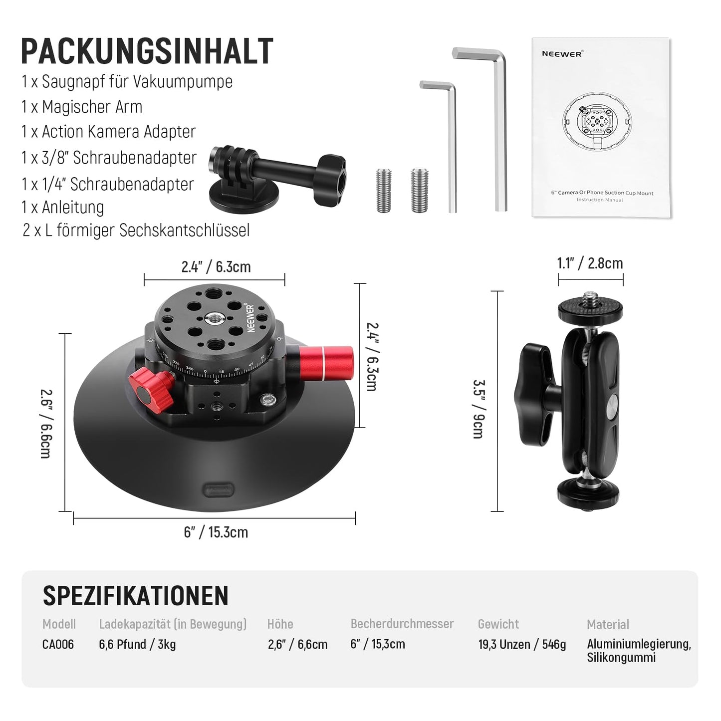 NEEWER 6"/15.2cm camera suction cup mount with ball head magic arm, metal suction cup mount on the car windshield for action camera/mobile phone holder, with 1/4" & 3/8" mounting holes for ARRI - 1x