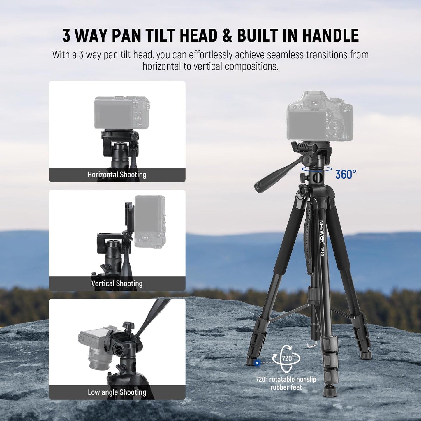 NEEWER Basic 74" Video Tripod Monopod with 3-Way Pan Tilt Head & Remote Control, Camera Holder with Central Axis, Phone Holder for DSLR, iPhone, Telescope, Max Load 17.6lb, TP05