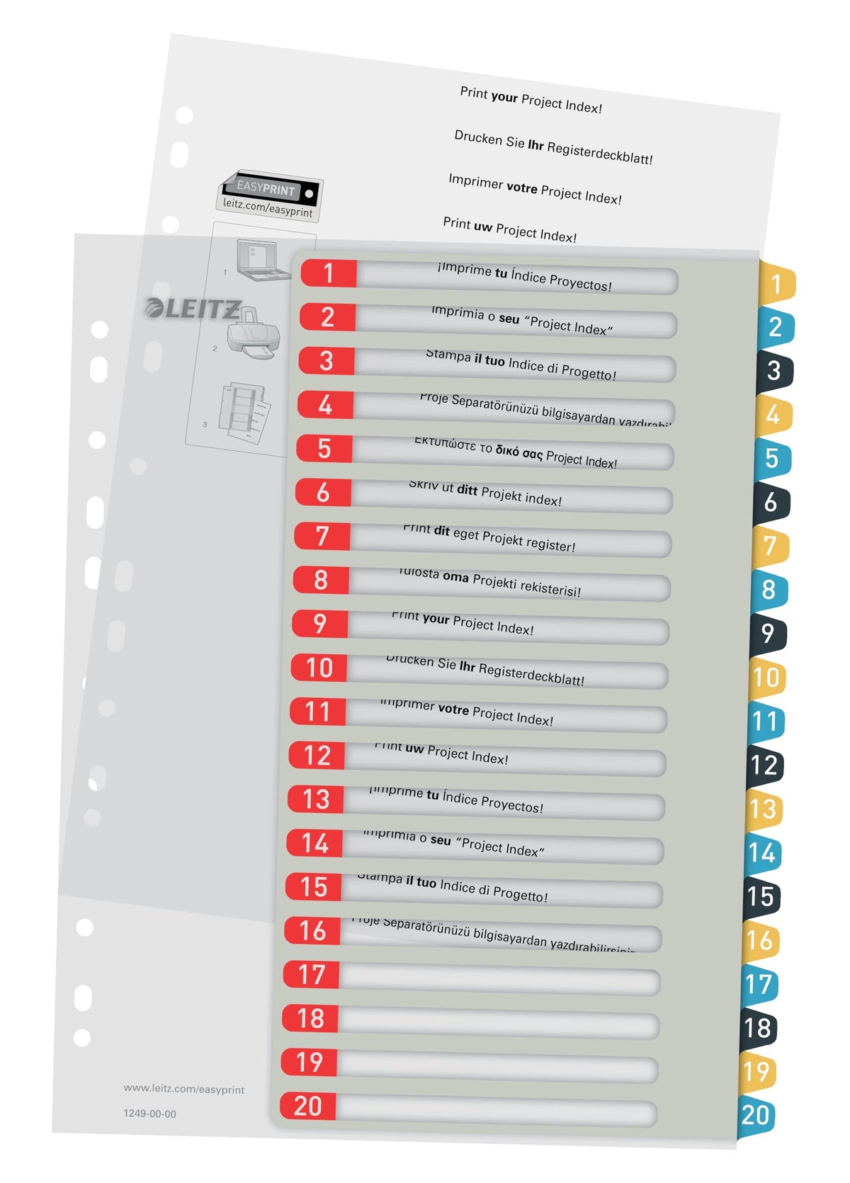 Leitz PC-writable register in A4 format, 1-20, pack of 10, robust, multi-colored, cozy series, 12490000 - 12490000-10