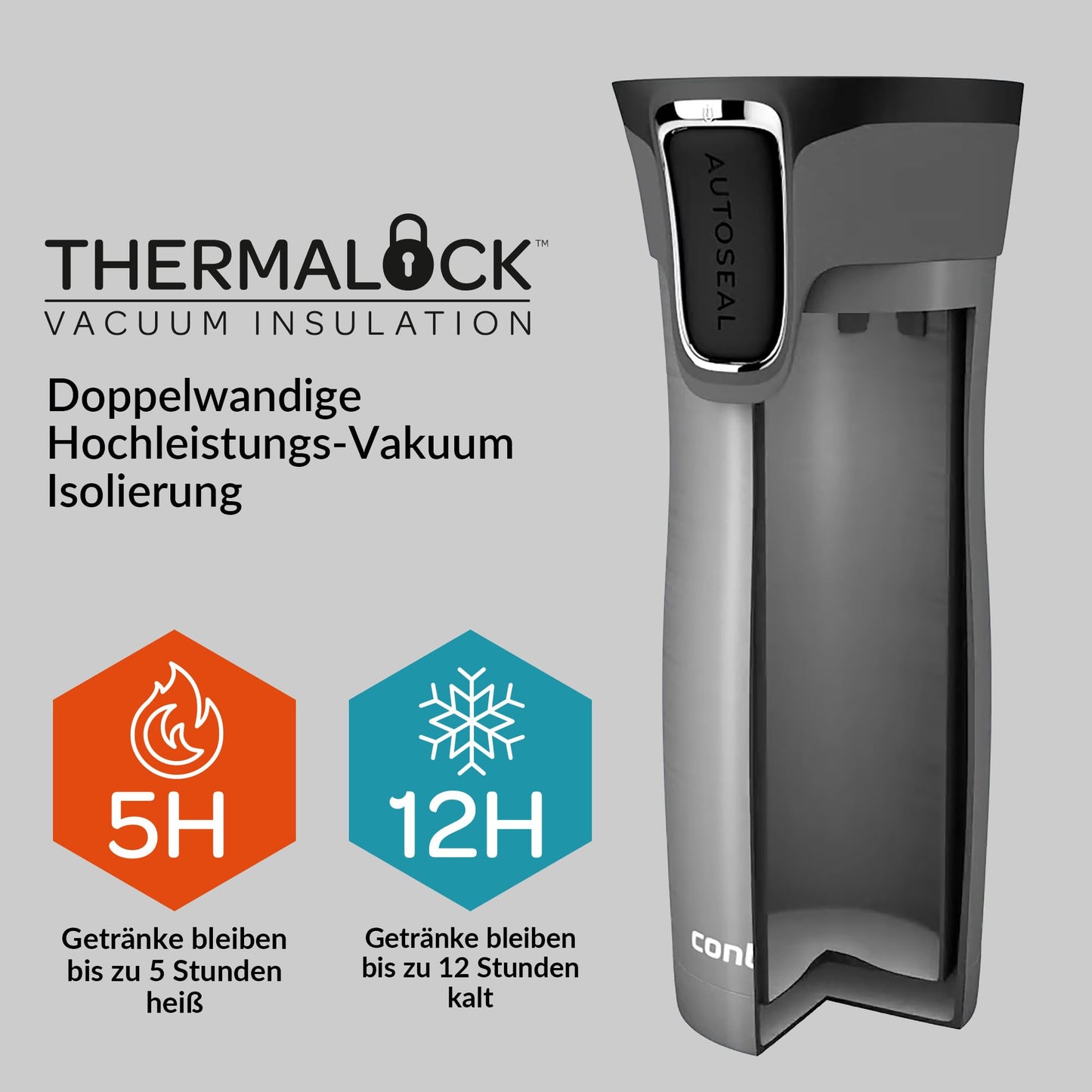 Contigo thermo mug West Loop Autoseal, stainless steel insulated mug, travel mug, coffee mug to go, leak-proof, 100% leak-proof, keeps hot for up to 5 hours/cold for 12 hours, 470 ml, BPA free, stainless steel - 2095832