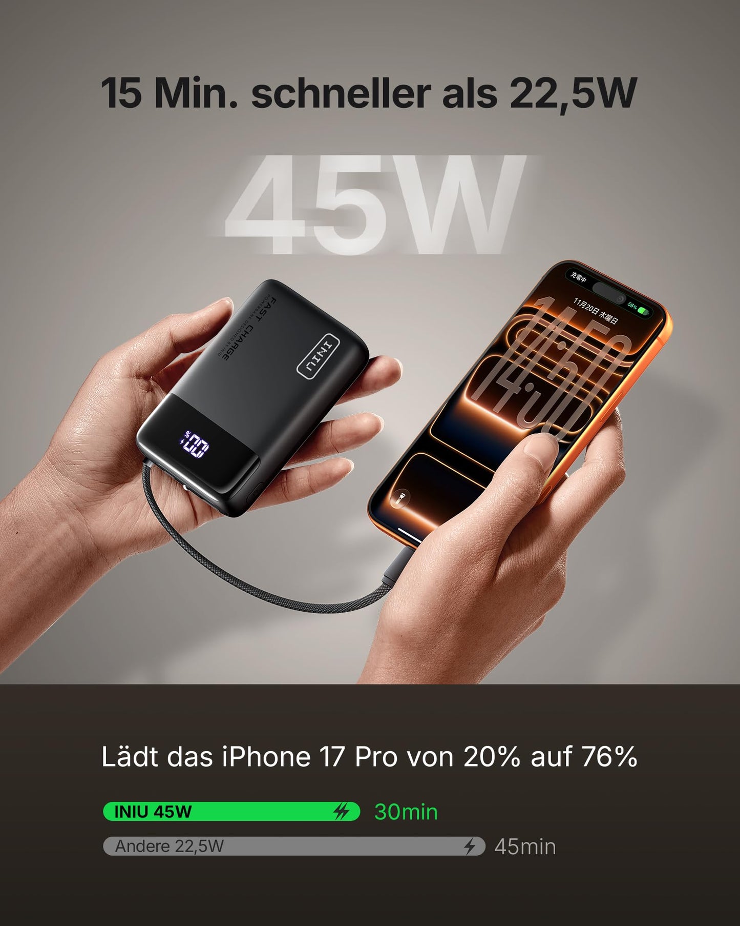 INIU 45W power bank, ultra small 20000mAh with integrated USB-C cable - P51L