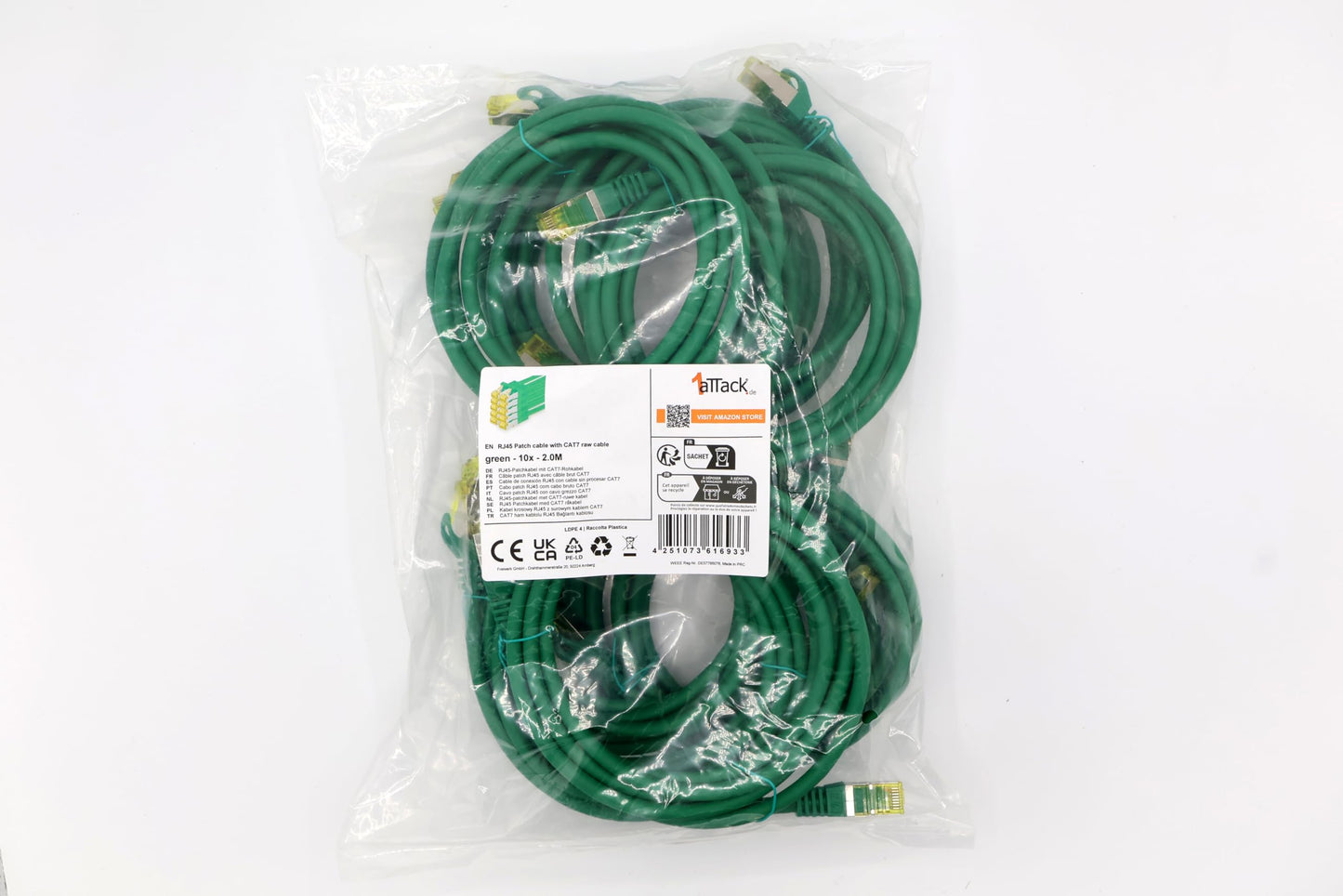 1aTTack.de Cat.7 Network Cable 2m Green Pack of 10 Cat7 Ethernet Cable Network LAN Cable Raw Cable 10 Gb s SFTP PIMF LSZH Set Patch Cable with Rj 45 Plug Cat.6a - 4251073616933