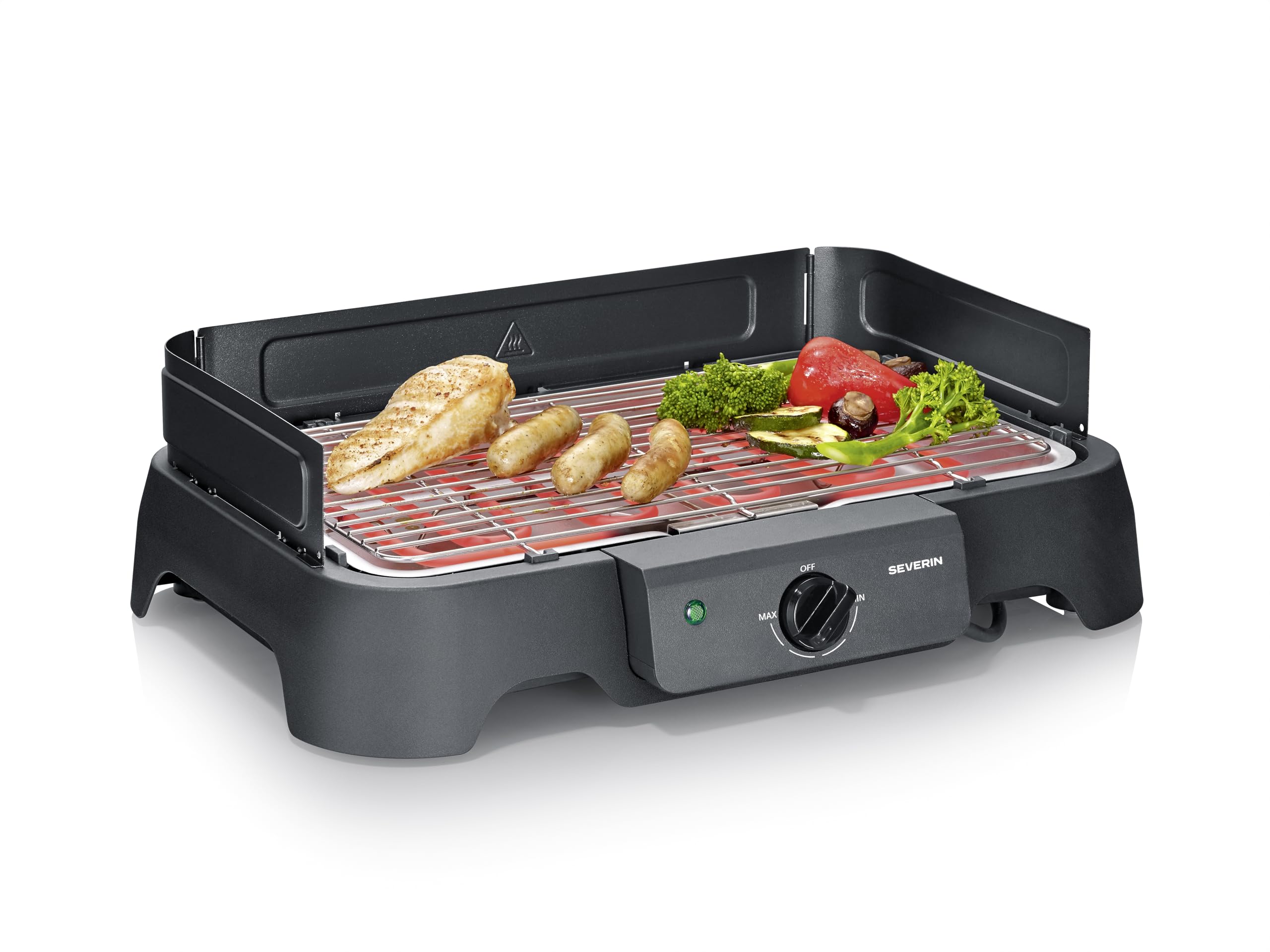 Severin electric grill, temperatures 35-200 degrees Celsius, quick heating, 38x22 cm, table grill with drip tray, stainless steel grill, balcony grill, easy to clean, 2000W, black, PG 8593