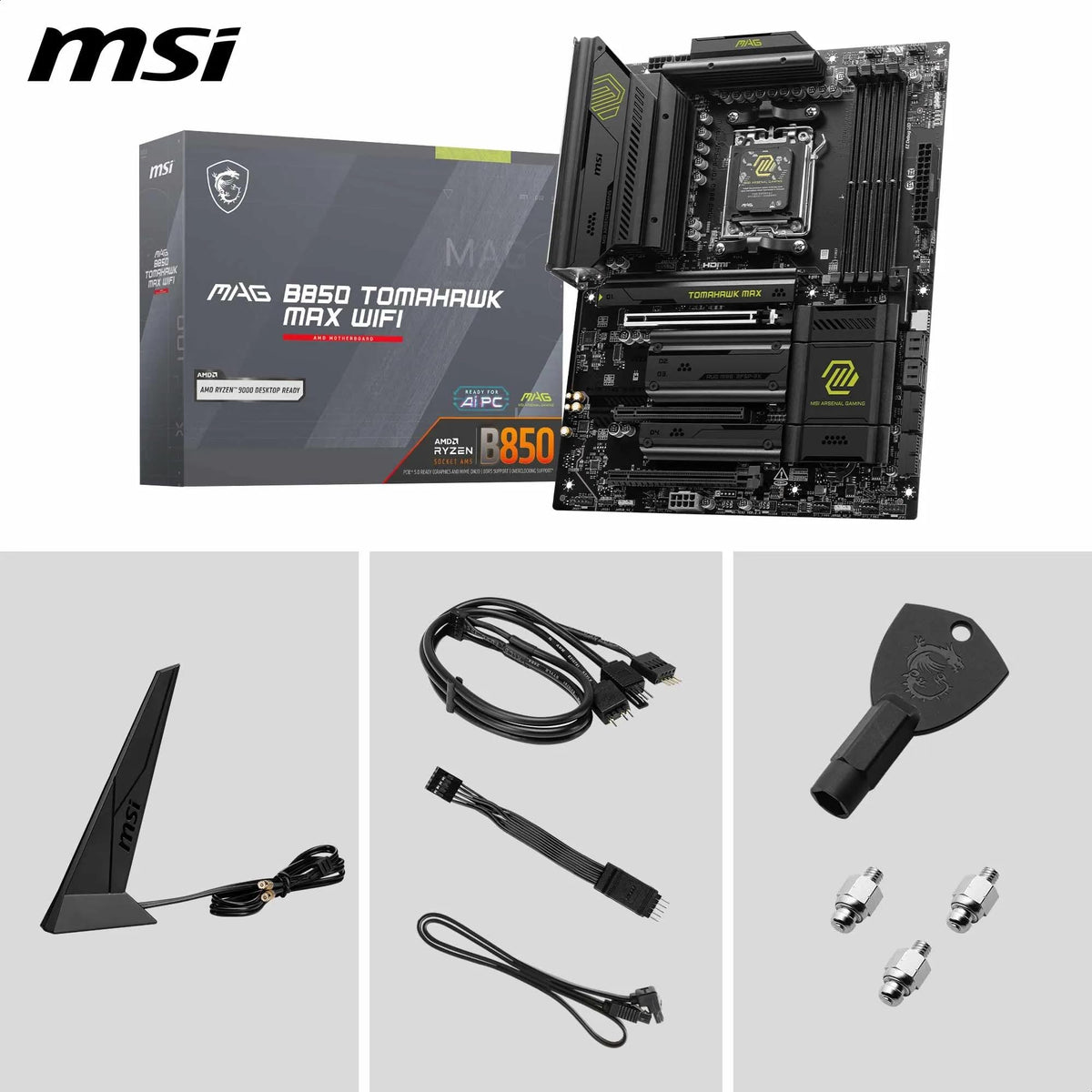 MSI MAG B850 Tomahawk MAX WiFi Motherboard, ATX - Supports AMD Ryzen 9000/8000/7000 processors, AM5-80A SPS VRM, DDR5 Memory Boost 8400+ MT/s (OC), PCIe 5.0 x16, M.2 Gen5, Wi-Fi 7, 5G LAN - 7E62-002R