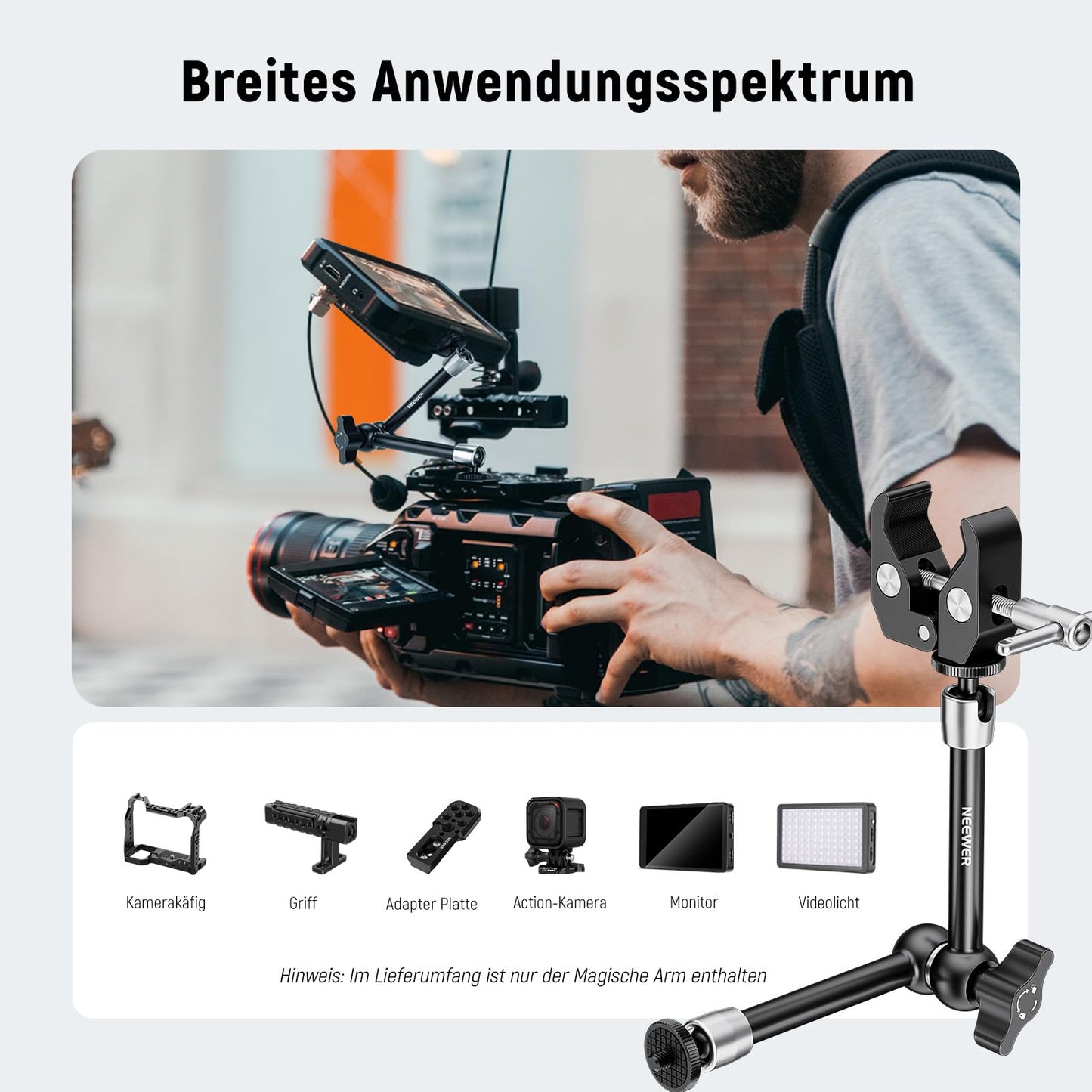 NEEWER 9.8"/25cm Magic Arm adjustable with Super Clamp, 1/4" and 3/8" thread, 1/4" screws for flash/LED light/microphone/monitor compatible with SmallRig camera cage, maximum load: 1.5kg, ST25C
