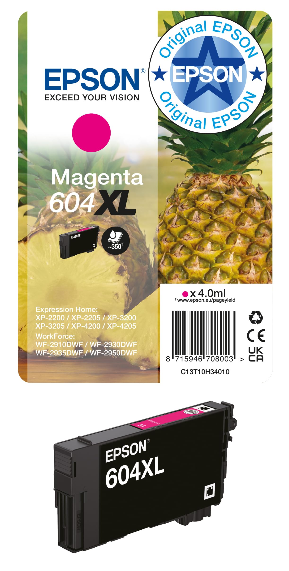 Epson Original 604XL Ink Pineapple Single Pack Magenta XL, XP-2200 XP-2205 XP-3200 XP-4205 WF2910DWF WF2930DWF WF2950DWF, ReadyPrint Flex ink tariffs - C13T10H34010