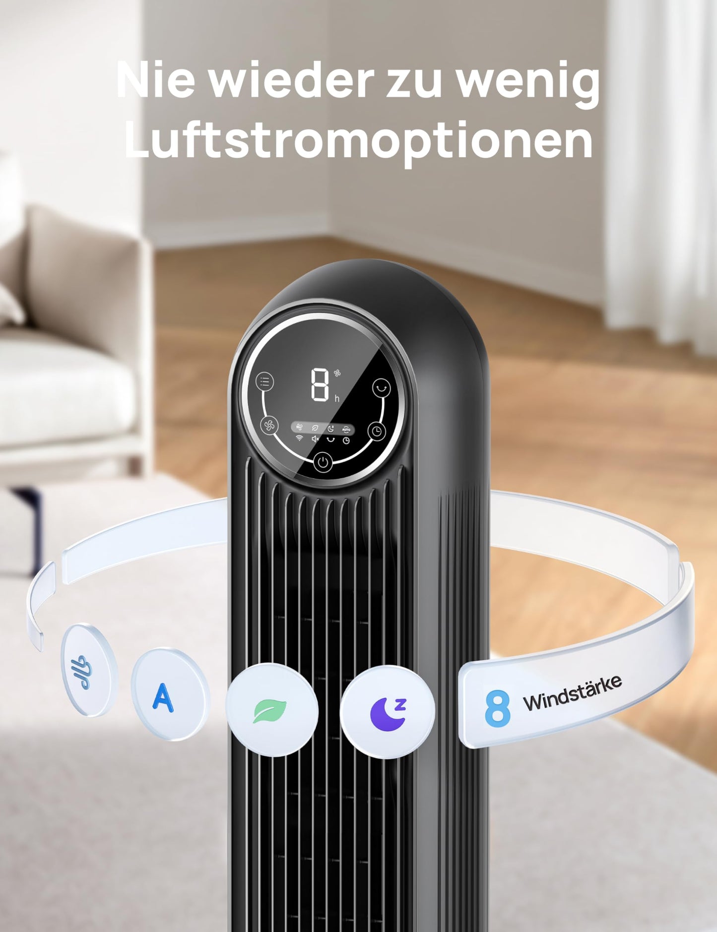DREO Smart Quiet Tower Fan, APP & Voice Control, 90° Oscillating Fan with Remote Control, 4 Modes, 4 Speeds, 8 Hour Timer, Nomad One S, Black - DR-HTF007S