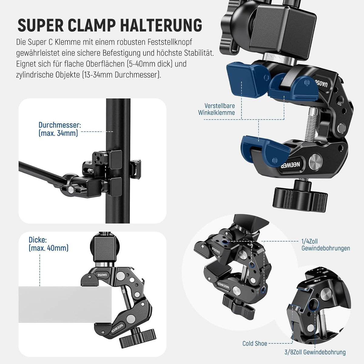 NEEWER 30" Swivel Arm with Desk Clamp/Action Camera Mount/Phone Holder, Microphone Boom Stand for Overhead Cameras, compatible with GoPro, iPhone, DSLR, Webcam, and Microphone, UA056 - 10107118