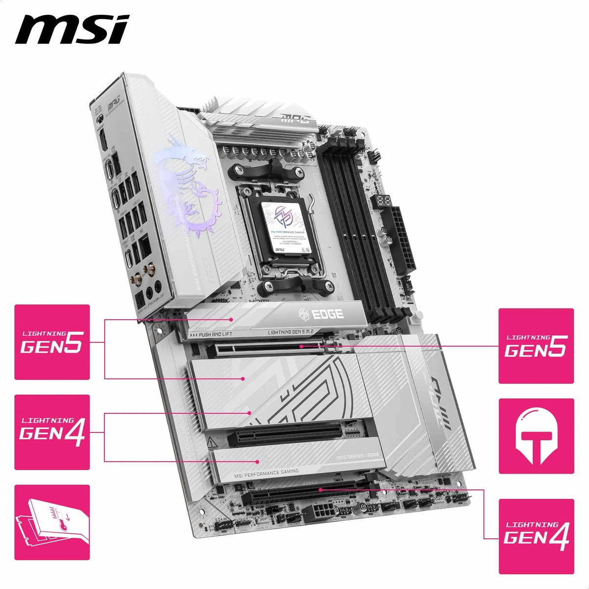 MSI MPG X870E Edge TI WiFi Motherboard, ATX - Supports AMD Ryzen 9000/8000 / 7000 processors, AM5-80A SPS VRM, DDR5 Memory Boost 8400+MT/s (OC), PCIe 5.0 x16, M.2 Gen5, Wi-Fi 7, 5G LAN - 7E59-002R