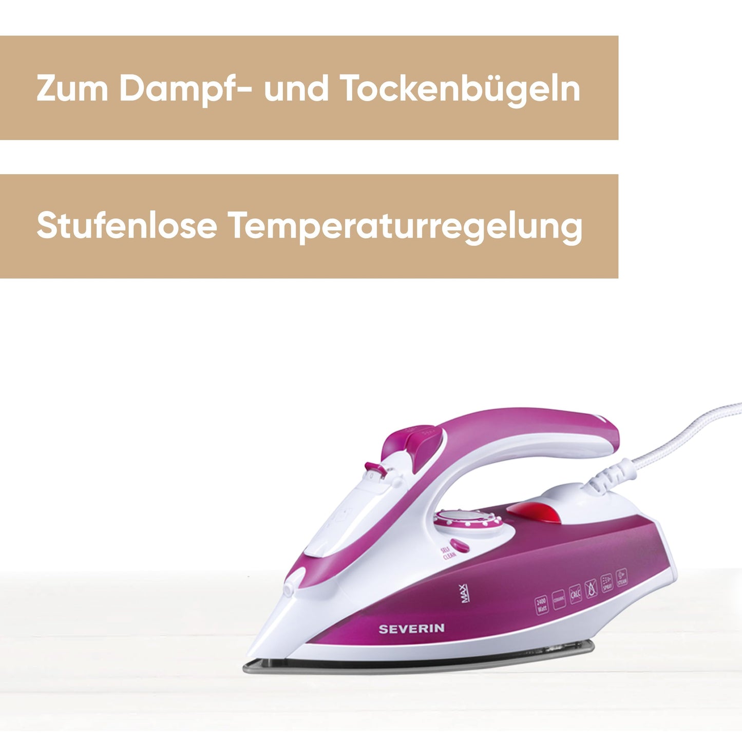 SEVERIN steam iron with ceramic-coated soleplate and non-stick effect, 2400W, 70g/min steam boost, 30g/min variable steam output, ideal for steam and dry ironing, white/purple, BA 3243 - S73243