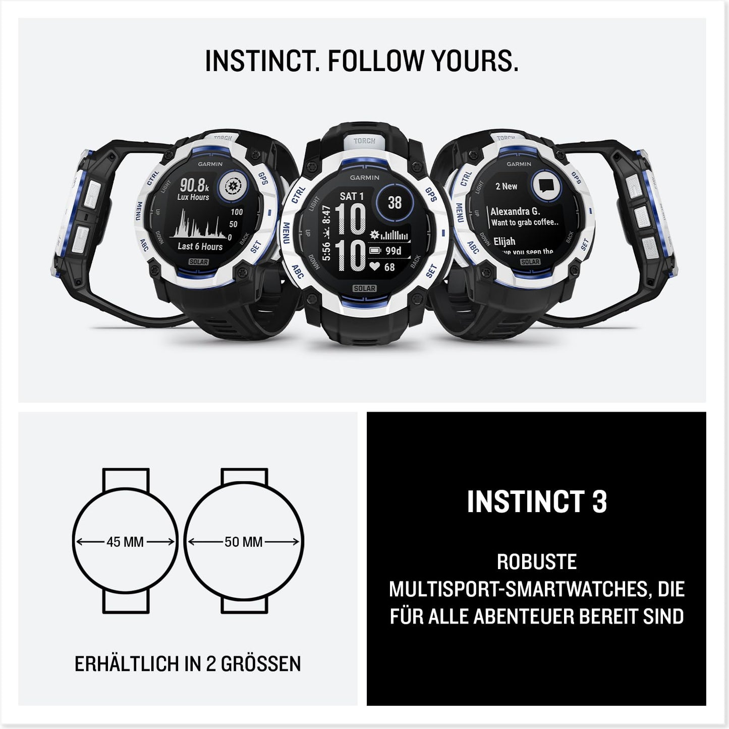 Garmin Instinct 3 50mm SOLAR - GPS multisport smartwatch, 1.1" display, up to 40 days battery life, 80+ sports apps, navigation function, smart features, LED flashlight, waterproof - 010-02935-03