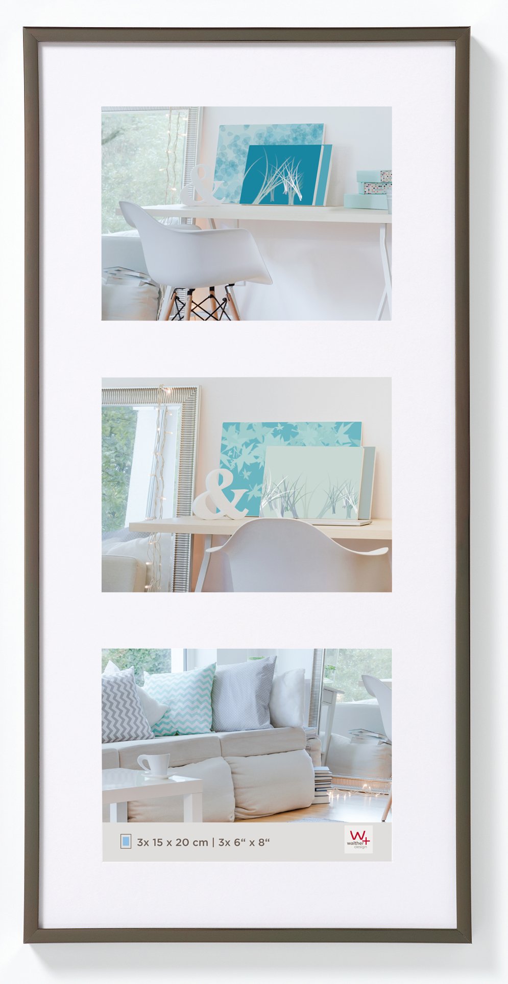 walther design picture frame steel 3X 15x20 cm gallery with passe-partout, New Lifestyle plastic frame KV320D