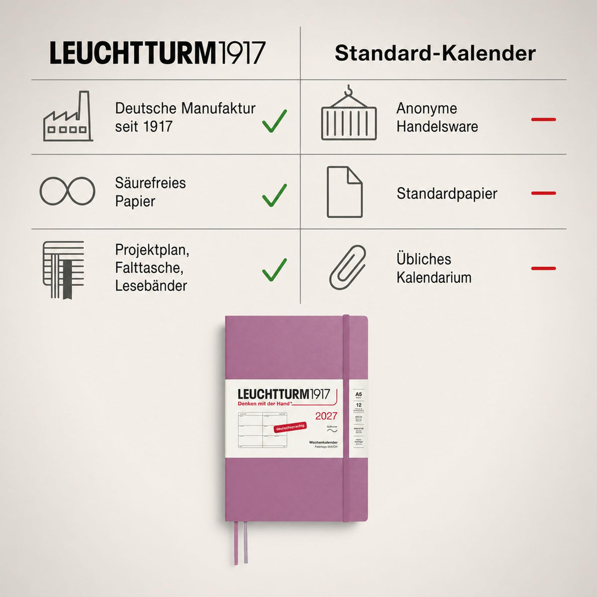 LEUCHTTURM1917 Calendar săptămânal 2027 Mediu (A5) - German, Dusty Rose, Softcover, 145 x 210 mm, 12 luni - ianuarie-decembrie 2027, 1 săptămână pe pagină dublă, hârtie de 80 g/m² cu compatibilitate ridicată cu cerneală - 400127
