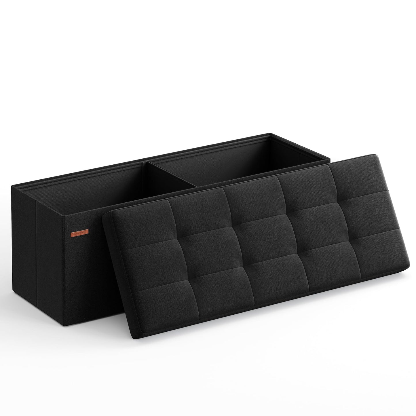 SONGMICS Stool with storage space, folding bench, 38 x 110 x 38 cm footstool, storage box, loads up to 300 kg, for living room, bedroom, hallway, ink black LSF077B01