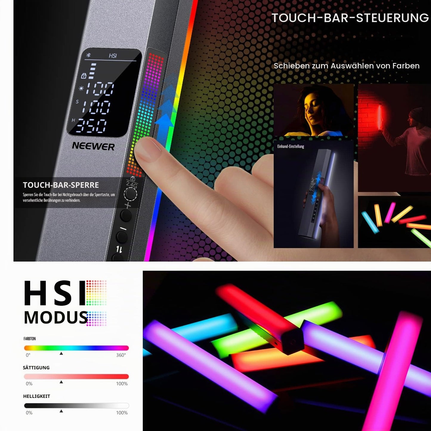 NEEWER LED video light RGB light stick, touch bar & APP control, magnetic RGB hand light stick, 3200K~5600K CRI98+ full-color LED light with 6400mAh battery, LED light stick with 17 scenes, RGB1 (silver)