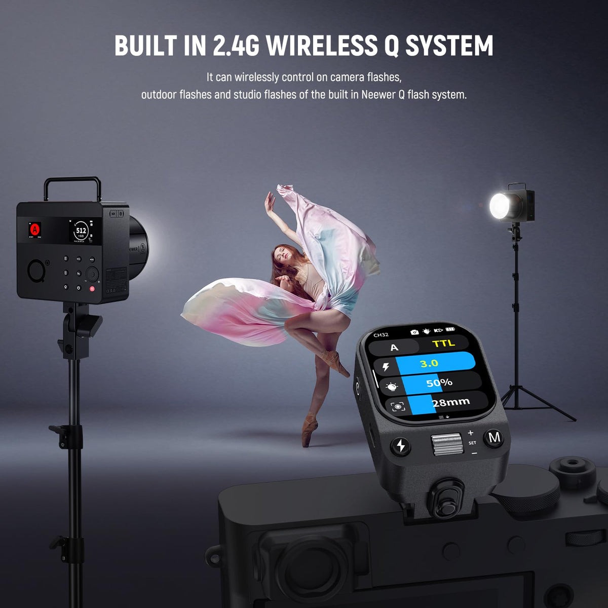 NEEWER QZ-F 2,4G TTL Flash Wireless Trigger Compatibil cu camerele Fujifilm Fuji X100VI, X100V, XT30 II, XT5, XT50, cu ecran tactil, declanșator de blitz, 1/8000s HSS, acumulator de 1000mAh/Comutator TCM