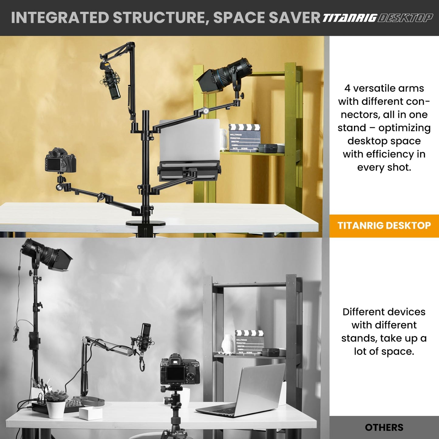 TARION table tripod camera overhead tripod: camera table mount clamp tripod flexible table mount with 4 articulated arms for ring light monitor microphone photography video live streaming titan rig (table set) - TitanRig-Desk