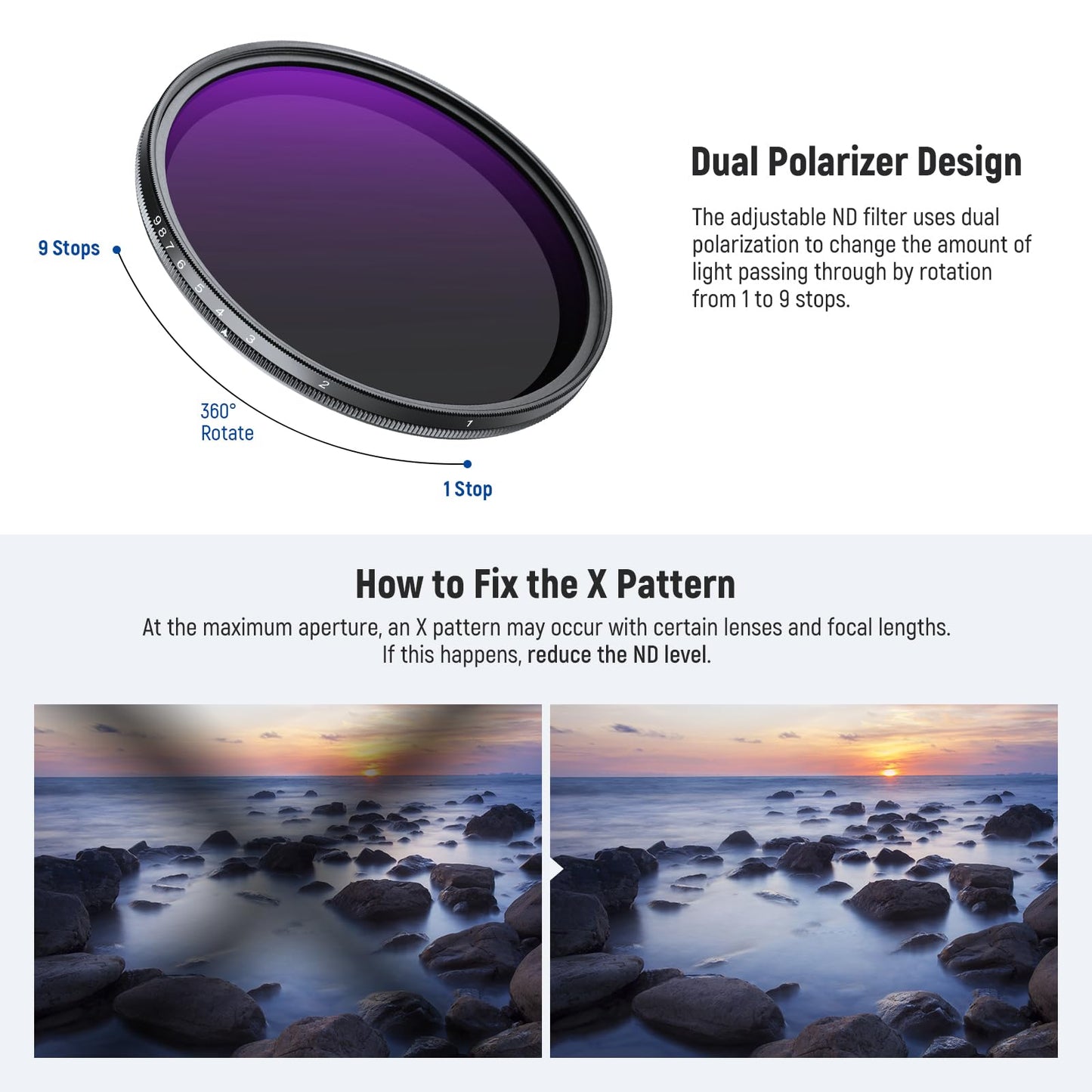 NEEWER 55mm ND2-400 (1-9 Stop) Variable ND Filter with Lens Cap Lanyard Cleaning Cloth Precise Adjustment of Neutral Density Gray Filter Fingerprint Scratch-Resistant Multi-Layer Optical Glass - NW