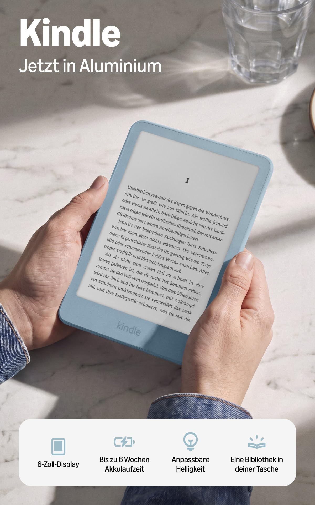 Amazon Kindle 32 GB (latest generation), thinner, new aluminum design, 6-inch display, ad-free - Alpine Blue Aluminum - LP38MA