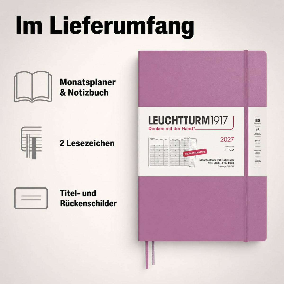 LEUCHTTURM1917 planificator lunar cu caiet 2027 Compoziție (B5) - Germană, Dusty Rose, copertă moale, 178 x 254 mm, 16 luni (01.11.2026-28.02.2028), 132 pagini de note punctate cu cuprins - 400171