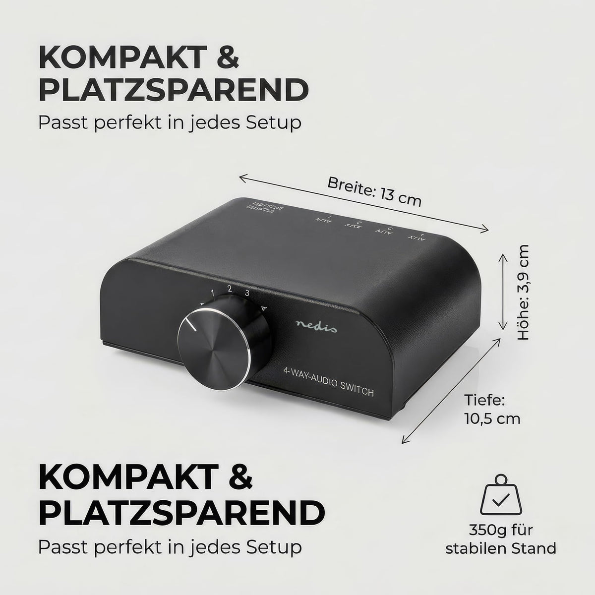Nedis Audio Switch - Audio Switch - 4 Sources - 3x RCA and 1x 3.5 mm Jack Input - RCA Switch - Plug and Play - Aluminum - ASWI2424AT