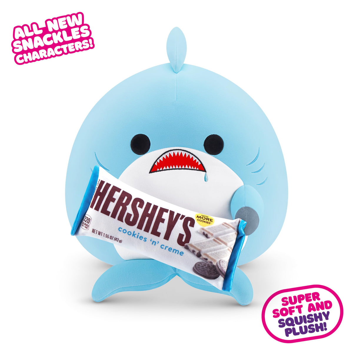 Snackles, Series 2, Shark (Hershey, Cookie n Cream), a cuddly soft, soothing plush toy measuring 35 cm with licensed snacks (Shark). - 77573H