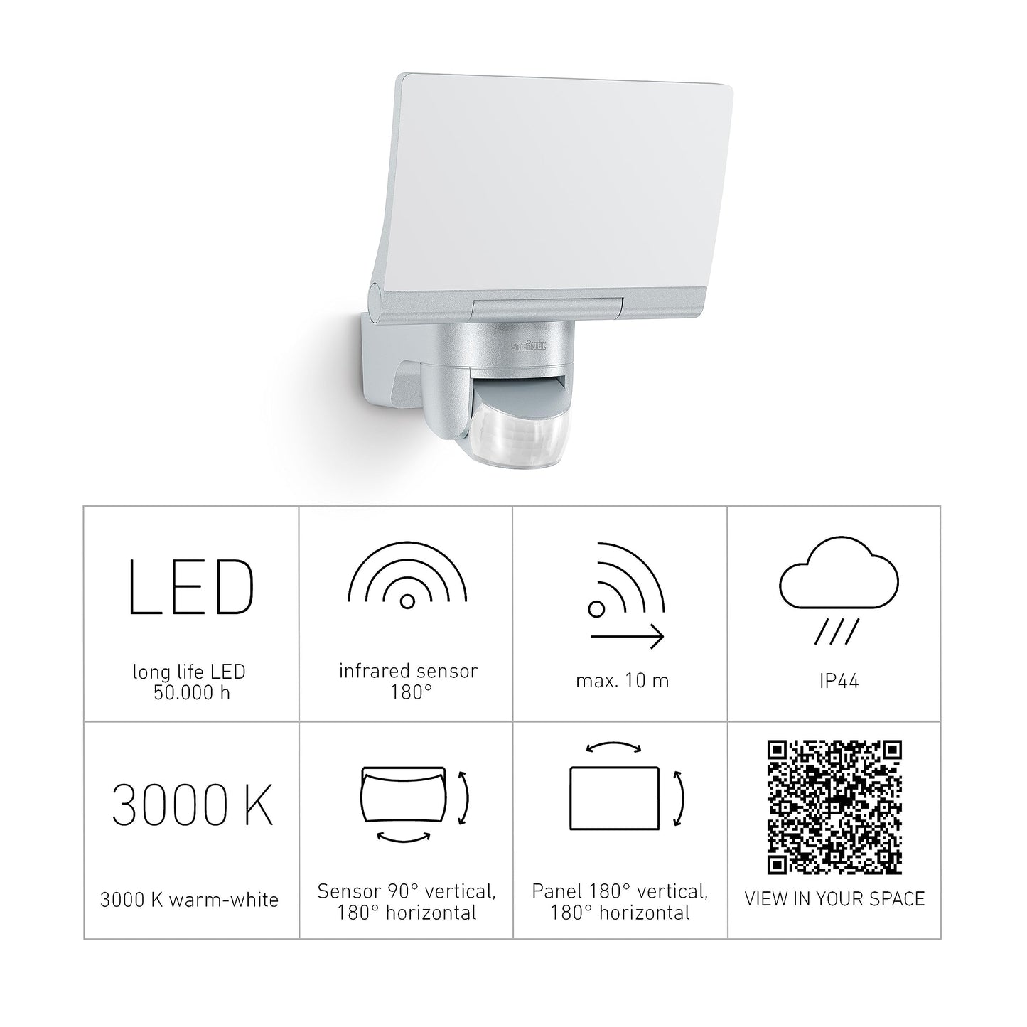 Steinel LED spotlight XLED Home 2 S silver, floodlight, swiveling, 13.7 W, 180° motion detector, 10 m range, 1550 lm - 033057