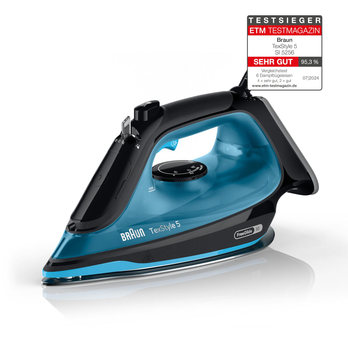 Braun TexStyle 5 SI5256 BL Steam Iron with FreeGlide 3D Soleplate, Precision Tip, Vertical Steam, Anti-Drip System, 210 g/min Steam Shot, 300ml Water Tank, 2600W, Black/Blue - SI5256BL
