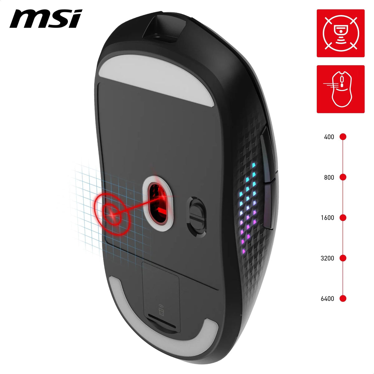 MSI Versa 300 Elite Wireless Gaming-Maus – senzor optic de 26.000 DPI, rată de polling de 1000 Hz, simetrică, switch-uri OMRON de 60 milioane de clicuri, baterie de 200 de ore, latență de 1 ms, RGB, 65 g – cablată/fără fir - S12-4301290-CLA