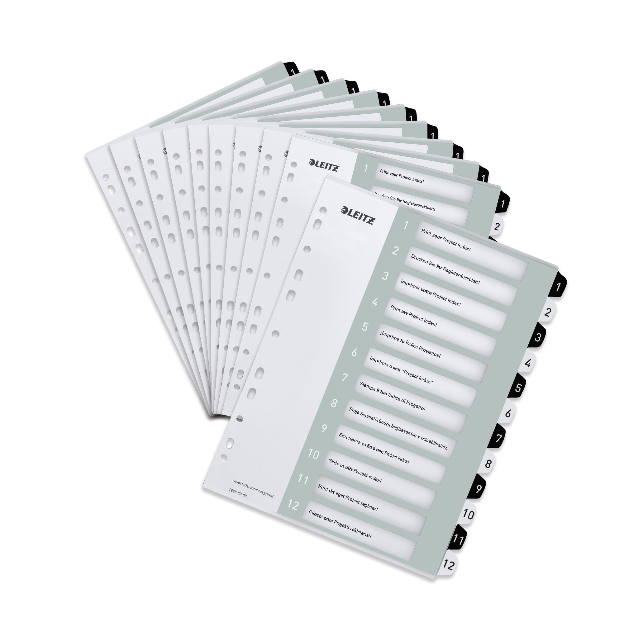 Leitz index for A4, pack of 10, PC-writable cover sheet and 12 dividers, tabs with numbers printed 1-12, extra width, white/black, polypropylene, WOW, 12160000 - 12160000-10