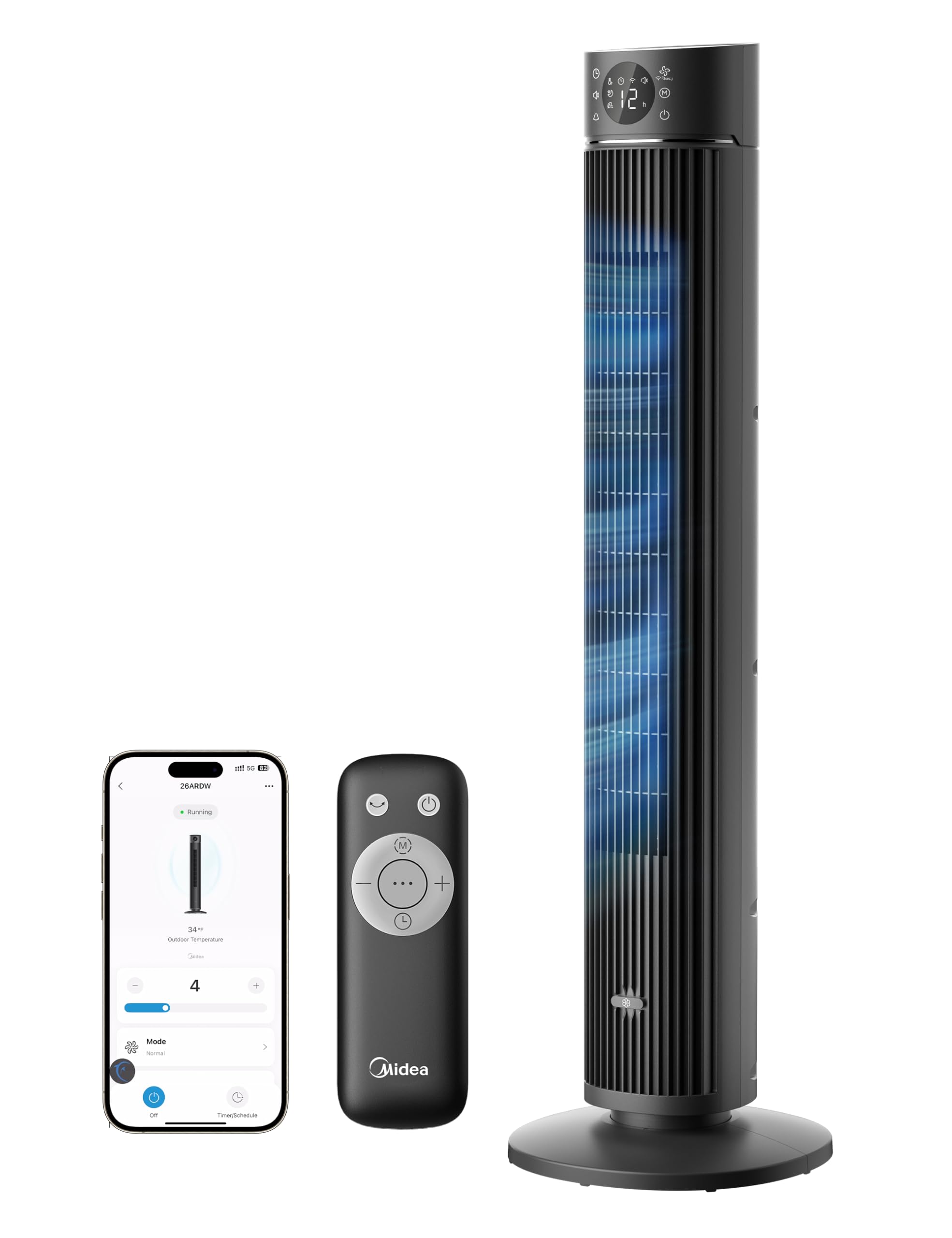 Midea FZ10-26ARDW Smart Quiet Tower Fan with Remote Control, 19 dB Whisper Quiet, DC Motor, 4 Modes & 12 Levels, 24h Timer, App Control for Bedroom, Living Room & Office, Black, 105cm - FZ10-26ARDW(BL)