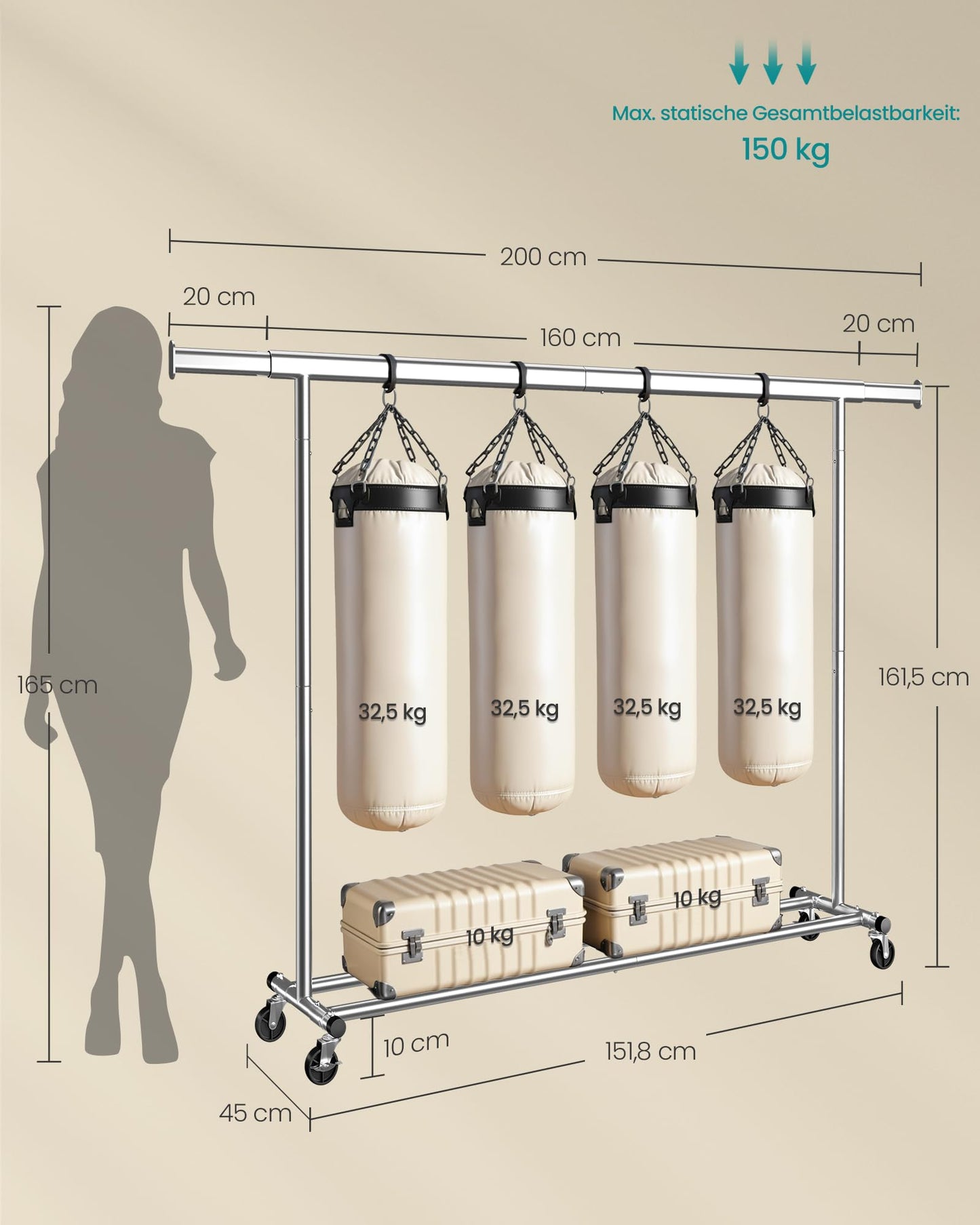 SONGMICS clothes rack on wheels, heavy-duty coat rack, extendable clothes rail, loads up to 150 kg, easy assembly, transportable, silver HSR175E01 - UHSR175E01