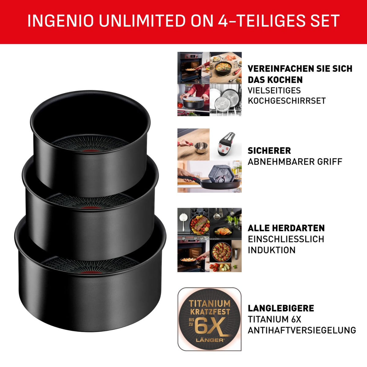 Tefal Ingenio Unlimited 4-piece saucepan set, 16/18/20 cm, pot set with removable handle, stackable, space-saving, induction-compatible pot set with non-stick coating, easy to use and clean, L39594 - L3959443