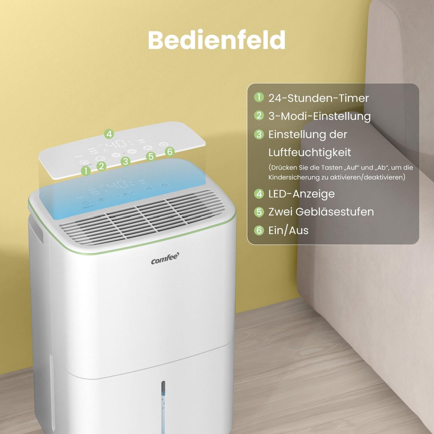 COMFEE dehumidifier 10 liters/day, suitable for rooms of approx. 40 cubic meters (16 square meters), automatic defrost, child lock, noise reduction, refrigerant R290, CDDOE-10DEN7-QA3(EU)