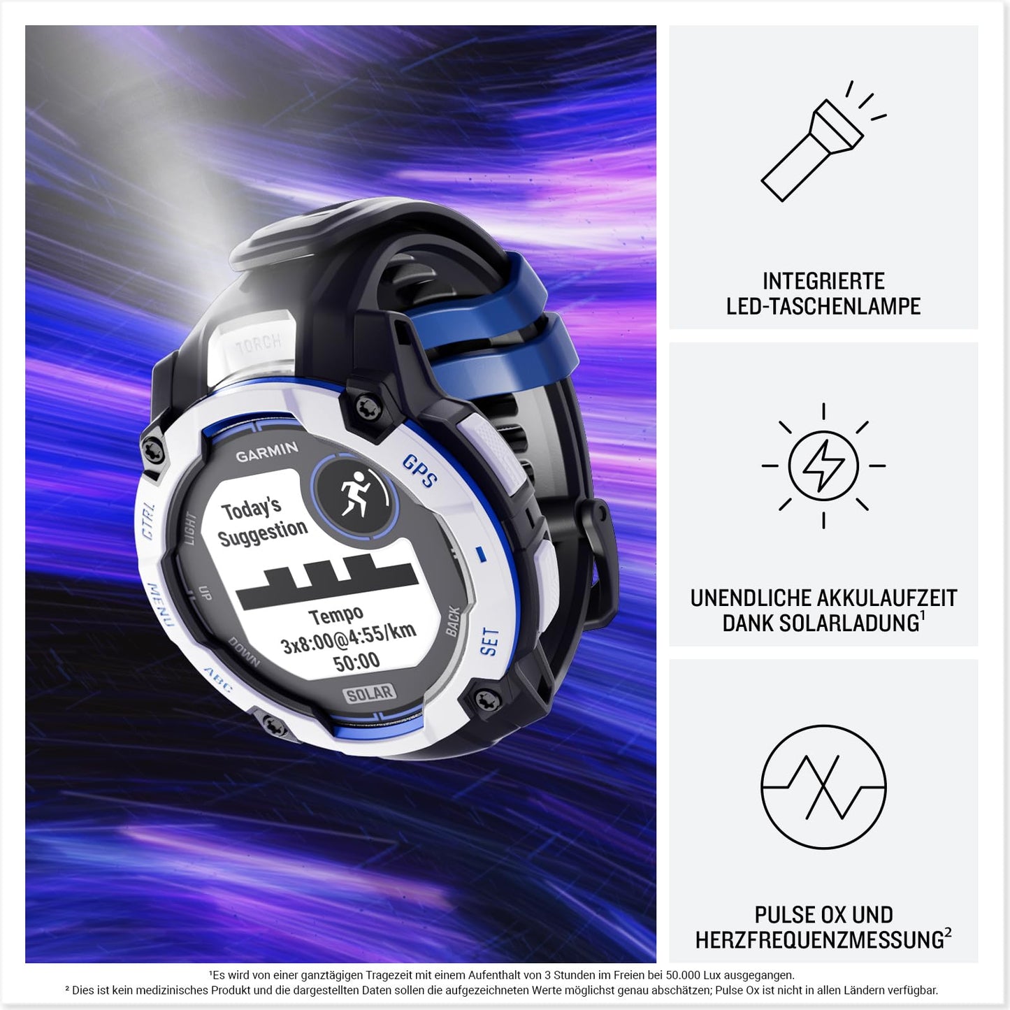 Garmin Instinct 3 50mm SOLAR - GPS multisport smartwatch, 1.1" display, up to 40 days battery life, 80+ sports apps, navigation function, smart features, LED flashlight, waterproof - 010-02935-03