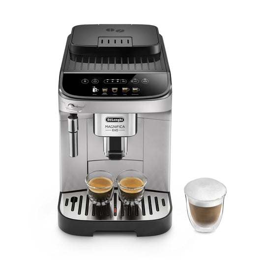 De’Longhi Magnifica Evo - Perfetto fully automatic coffee machine with classic milk frother, 4 one-touch drinks, cappuccino, espresso coffee machine, soft-touch control panel, silver (ECAM292.33.SB)
