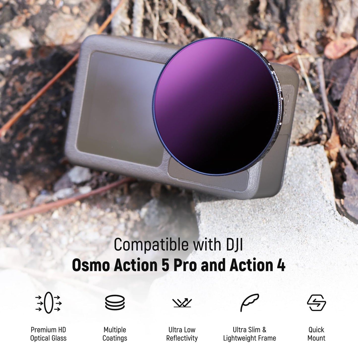 NEEWER Variable ND filter, compatible with DJI Osmo Action 5 Pro Action 4, ND8-32 (3-5 stops), screw-on gray filter lens filter, multi-coated optical HD glass action camera accessories - 10106092