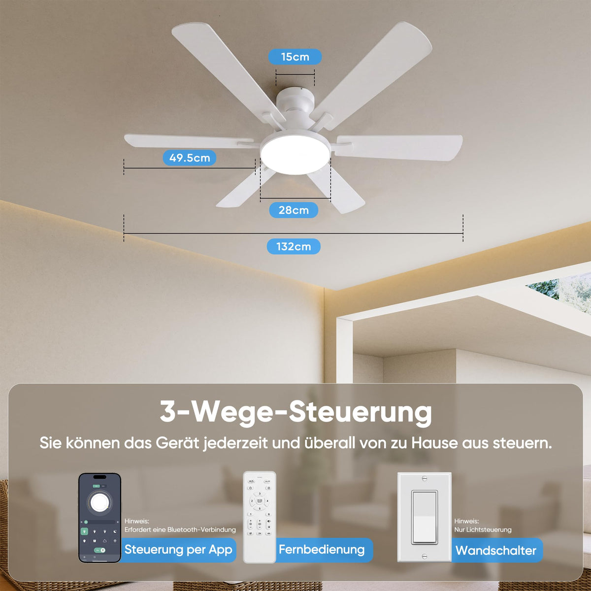ROTTOGOON Ceiling Fan with Lighting 132cm Quiet DC Motor, White - CF1501