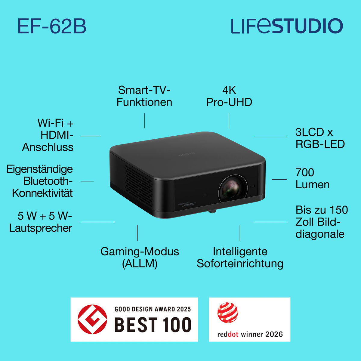 Epson EF-62B, 4K-PRO-UHD-Smart-TV-Projector, portable, 700 Lumens, Sound by Bose, Google TV, 150 inches