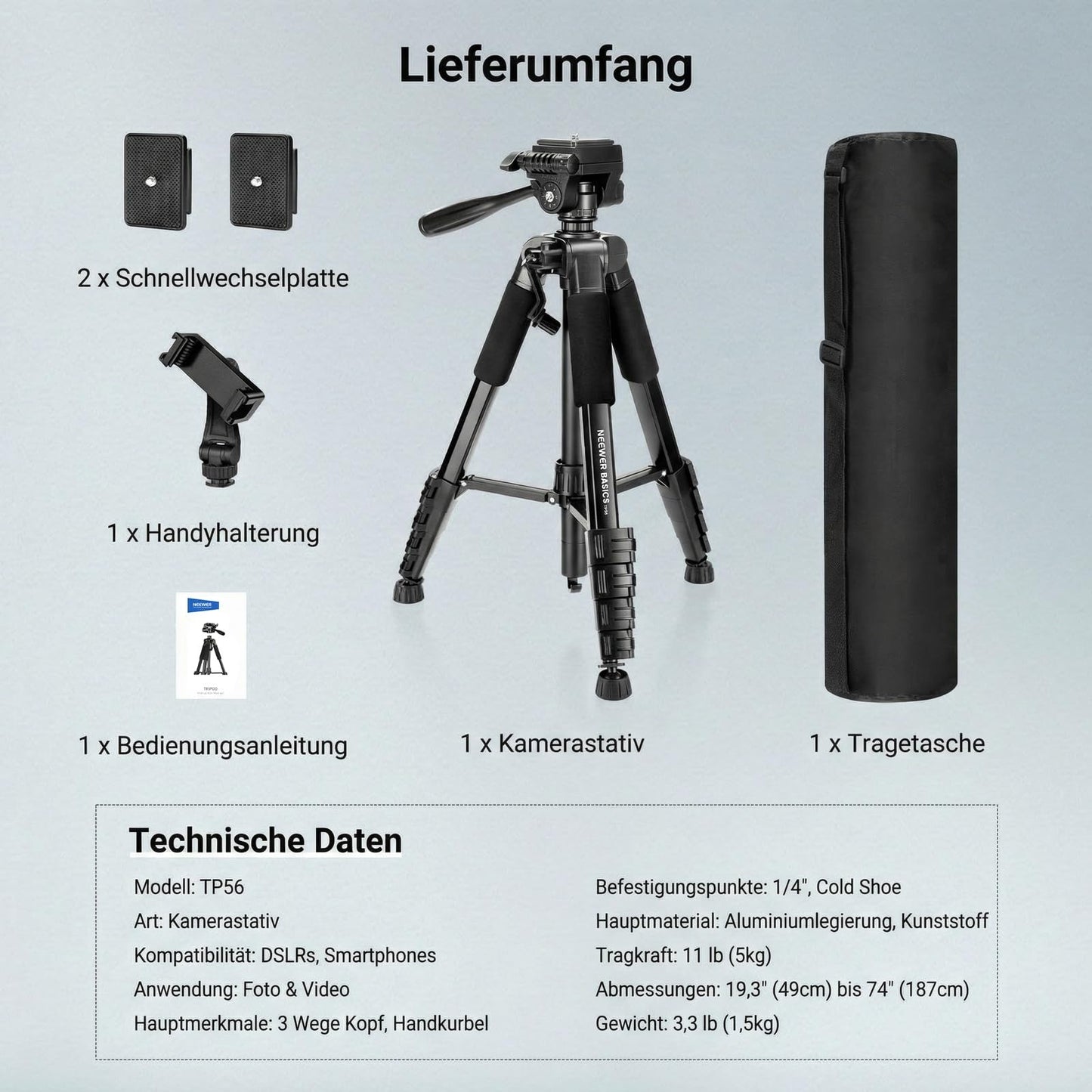 NEEWER Basics TP56 camera tripod, 74" tripod with cell phone holder