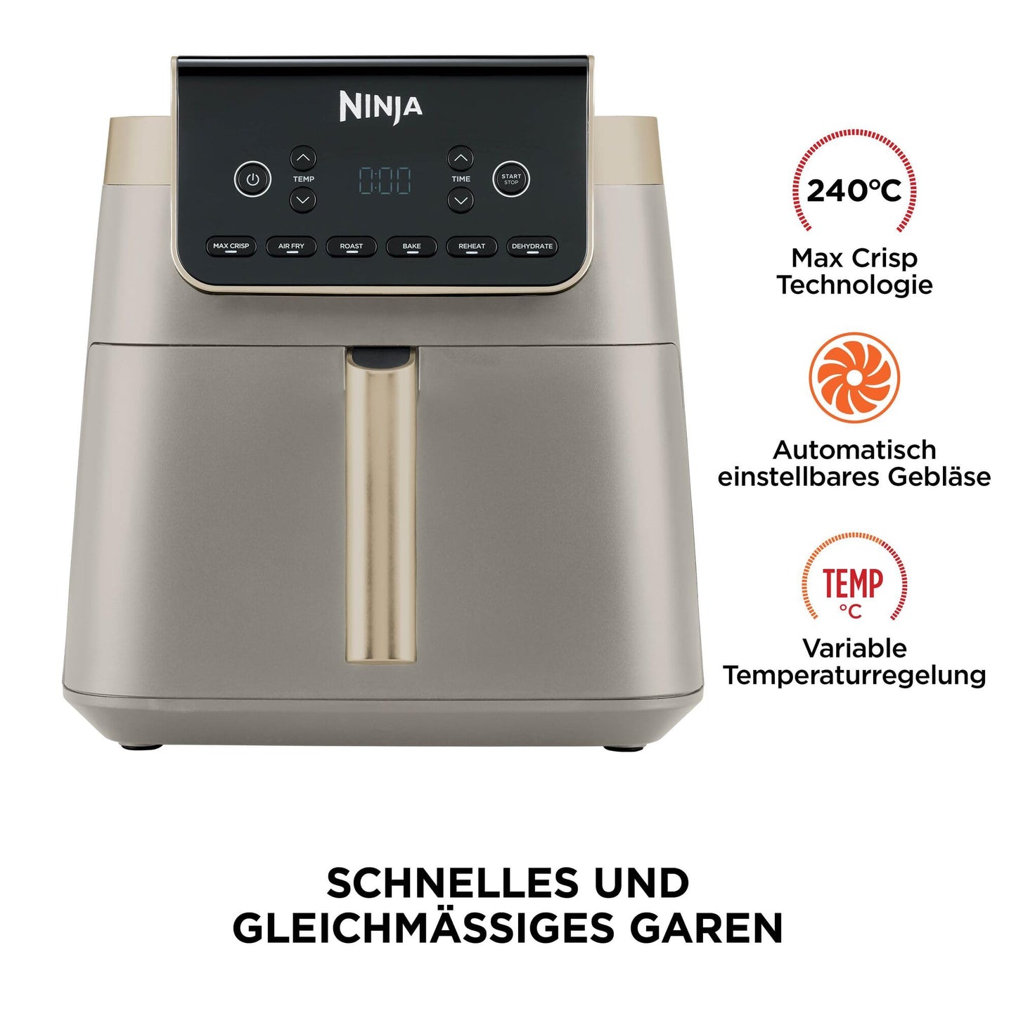 Ninja Air Fryer Hot Air Fryer MAX PRO, 6.2L Airfryer, Non-Stick Coating, Dishwasher Safe Basket and Crisper Grid Insert, Oil-Free Fryer, Cooking from Frozen, Stone Gold AF180EUSD