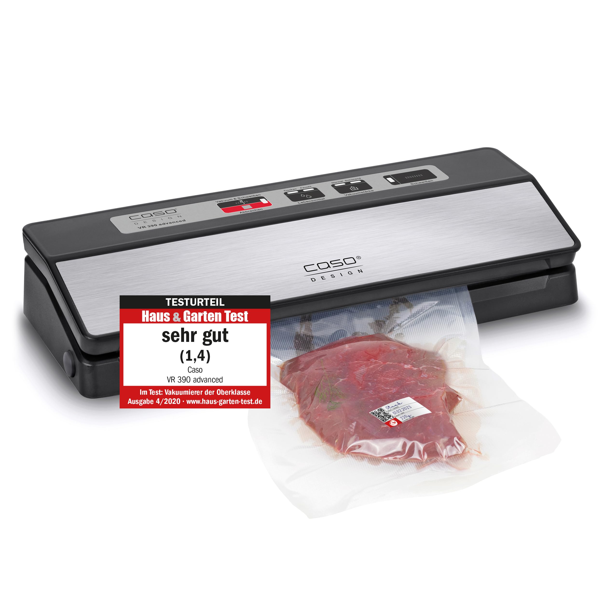 CASO VR 390 advanced vacuum sealer, test rating Very Good, foil sealing device, up to 75 vacuum sealing processes non-stop, removable vacuum chamber, incl. 10 professional foil bags - 1522