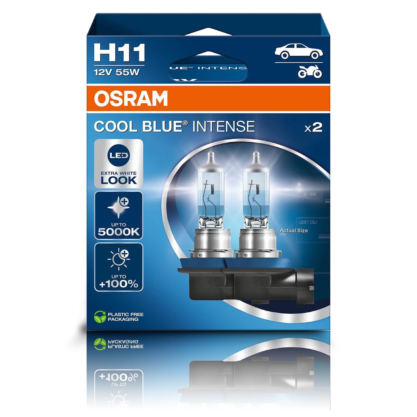 Osram COOL BLUE® INTENSE H11, +100% more brightness, up to 5,000K, halogen headlight lamp, LED look, Hanging folding box (2 lamps) - 64211CBN-2HB