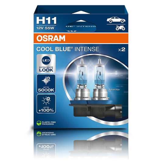 Osram COOL BLUE® INTENSE H11, +100% more brightness, up to 5,000K, halogen headlight lamp, LED look, Hanging folding box (2 lamps) - 64211CBN-2HB